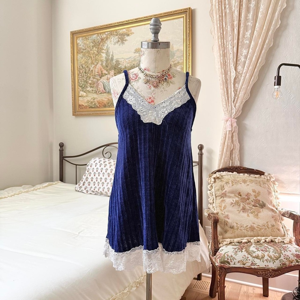 Velvet Lace Slip Dress  Navy blue velvet slip dress fits like size medium
